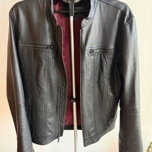 John Varvatos Black Leather Moto Jacket | Men’s L | Red Star Lining